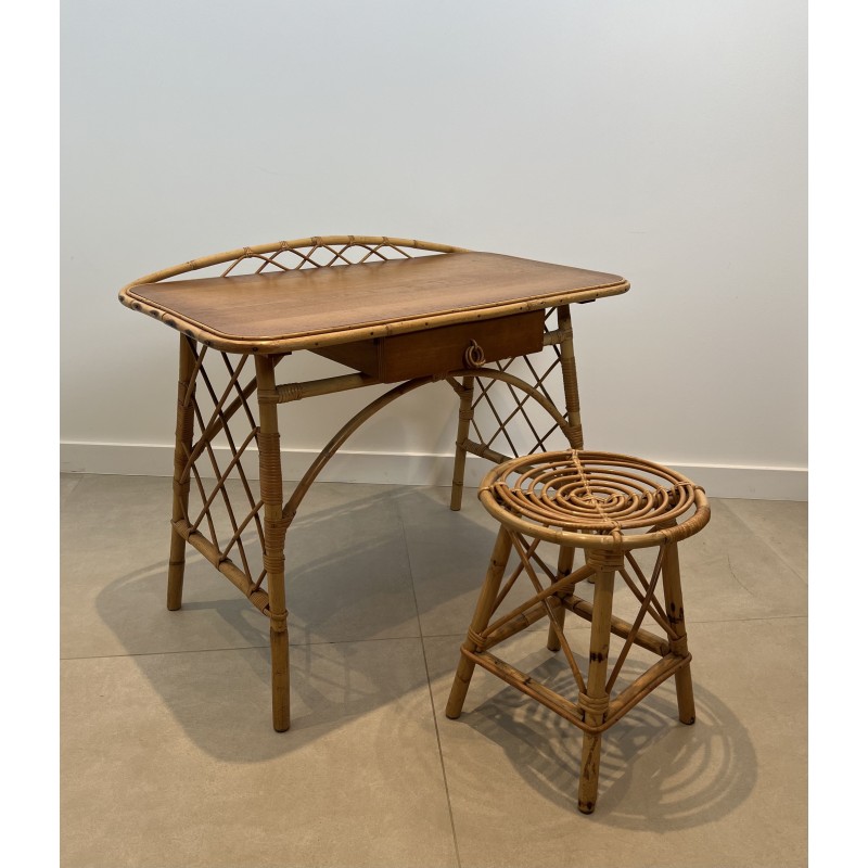 Modernist Rattan Desk by Louis Sognot, French Work, circa 1950