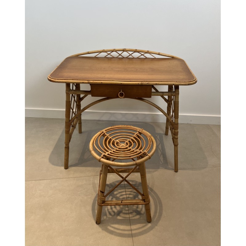 Modernist Rattan Desk by Louis Sognot, French Work, circa 1950