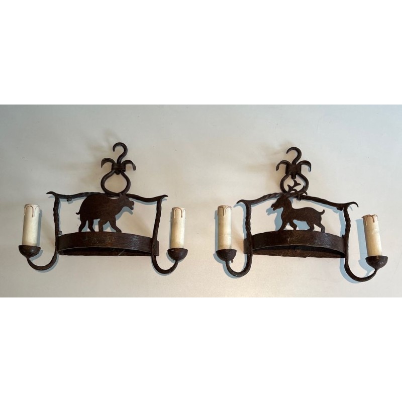 Pair of Wrought Iron Wall lights Showing Animals