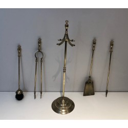 Neoclassical Style Brass Fireplace Tools, French Work, circa 1970