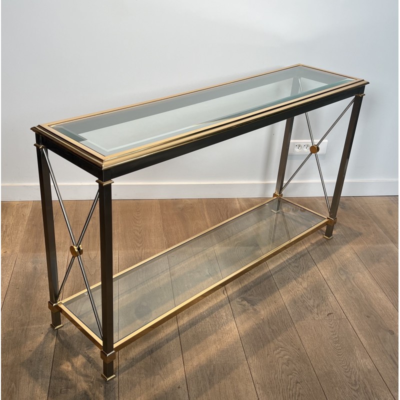 Large Neoclassical Gilt Metal, Brass and Gunmetal Console Table Attributed to Maison Jansen, circa 1970