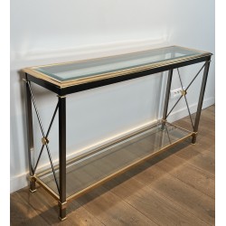 Large Neoclassical Gilt Metal, Brass and Gunmetal Console Table Attributed to Maison Jansen, circa 1970