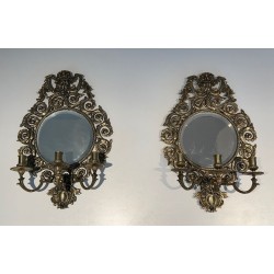 Importante Paire d'Appliques de Style Louis XIV en Bronze et Miroir 