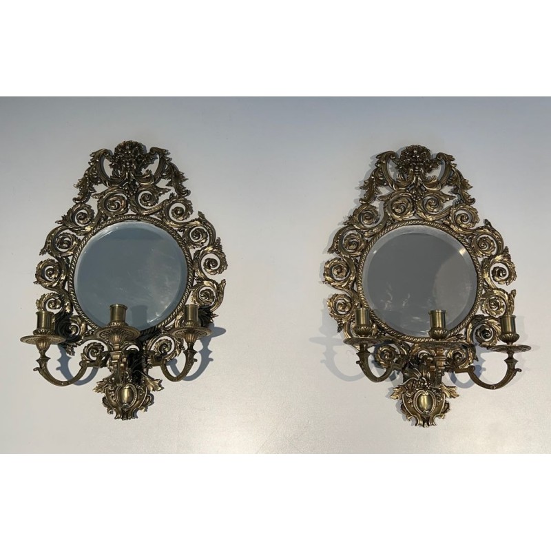 Importante Paire d'Appliques de Style Louis XIV en Bronze et Miroir 