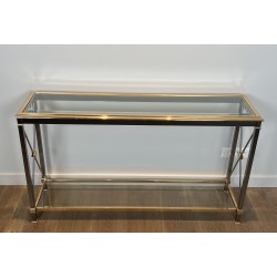 Importante Console Néoclassique en Laiton Doré et Métal Patiné Canon de Fusil, Attribuée à Maison Jansen, vers 1970