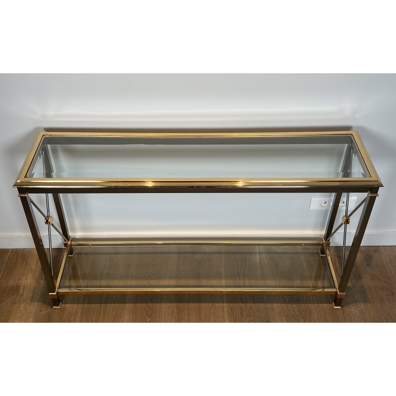 Large Neoclassical Gilt Metal, Brass and Gunmetal Console Table Attributed to Maison Jansen, circa 1970