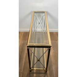 Large Neoclassical Gilt Metal, Brass and Gunmetal Console Table Attributed to Maison Jansen, circa 1970