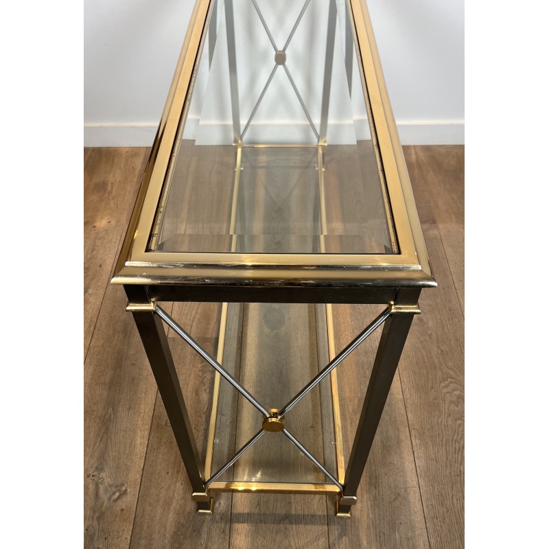 Large Neoclassical Gilt Metal, Brass and Gunmetal Console Table Attributed to Maison Jansen, circa 1970