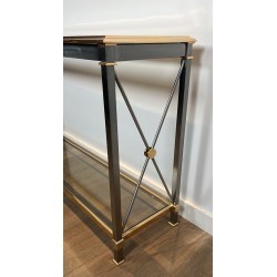 Large Neoclassical Gilt Metal, Brass and Gunmetal Console Table Attributed to Maison Jansen, circa 1970
