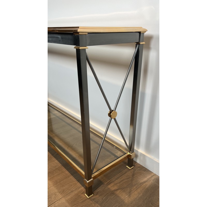 Large Neoclassical Gilt Metal, Brass and Gunmetal Console Table Attributed to Maison Jansen, circa 1970