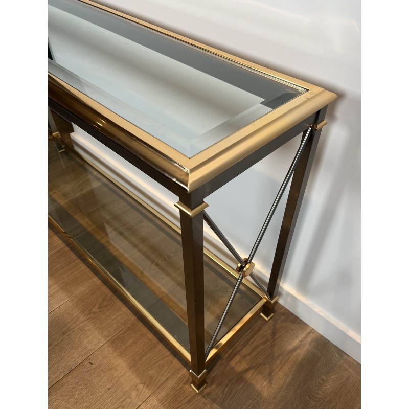 Large Neoclassical Gilt Metal, Brass and Gunmetal Console Table Attributed to Maison Jansen, circa 1970