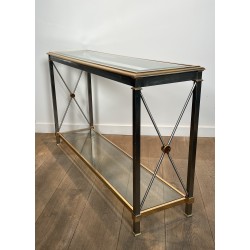 Importante Console Néoclassique en Laiton Doré et Métal Patiné Canon de Fusil, Attribuée à Maison Jansen, vers 1970