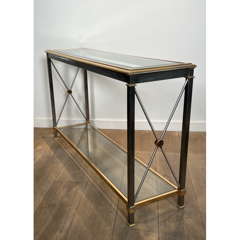 Large Neoclassical Gilt Metal, Brass and Gunmetal Console Table Attributed to Maison Jansen, circa 1970
