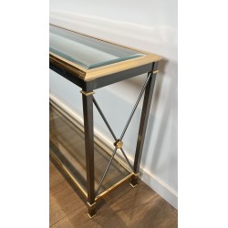 Large Neoclassical Gilt Metal, Brass and Gunmetal Console Table Attributed to Maison Jansen, circa 1970