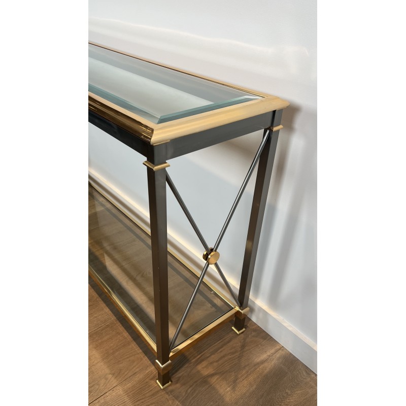 Large Neoclassical Gilt Metal, Brass and Gunmetal Console Table Attributed to Maison Jansen, circa 1970