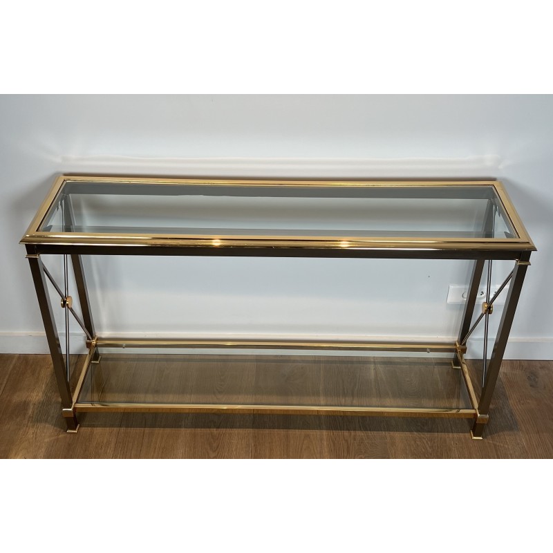 Large Neoclassical Gilt Metal, Brass and Gunmetal Console Table Attributed to Maison Jansen, circa 1970