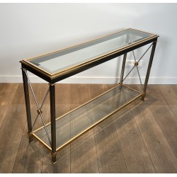 Importante Console Néoclassique en Laiton Doré et Métal Patiné Canon de Fusil, Attribuée à Maison Jansen, vers 1970