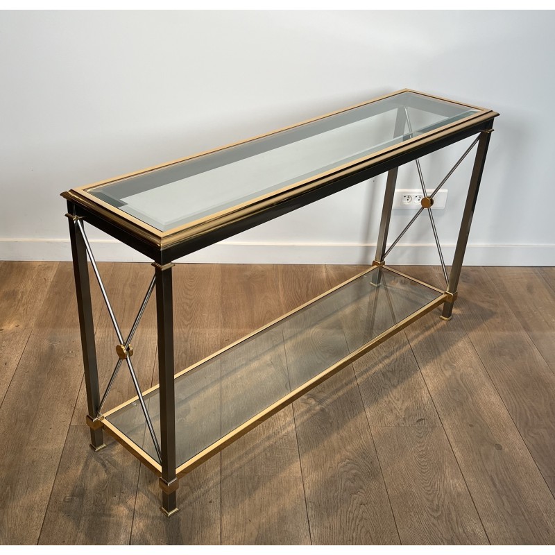 Importante Console Néoclassique en Laiton Doré et Métal Patiné Canon de Fusil, Attribuée à Maison Jansen, vers 1970