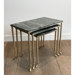 Set of 3 Nesting Tables in Nickel and Gold-Plated Metal with Green Alpine Marble Tops by Maison Jansen, circa 1940