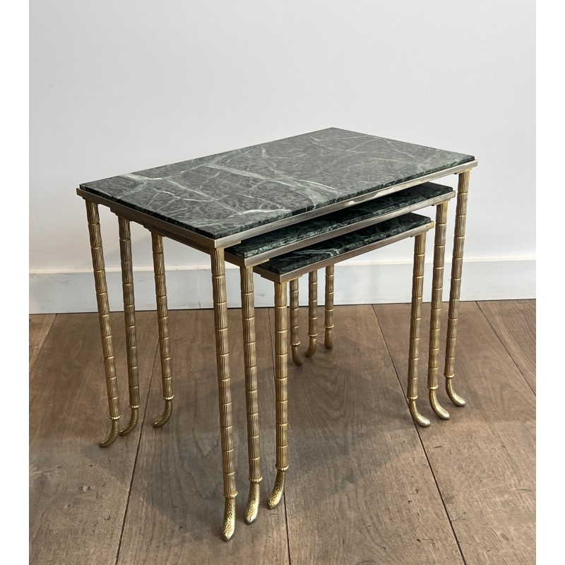 Set of 3 Nesting Tables in Nickel and Gold-Plated Metal with Green Alpine Marble Tops by Maison Jansen, circa 1940