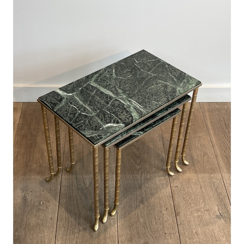 Set of 3 Nesting Tables in Nickel and Gold-Plated Metal with Green Alpine Marble Tops by Maison Jansen, circa 1940