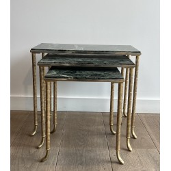 Set of 3 Nesting Tables in Nickel and Gold-Plated Metal with Green Alpine Marble Tops by Maison Jansen, circa 1940