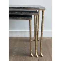 Set of 3 Nesting Tables in Nickel and Gold-Plated Metal with Green Alpine Marble Tops by Maison Jansen, circa 1940