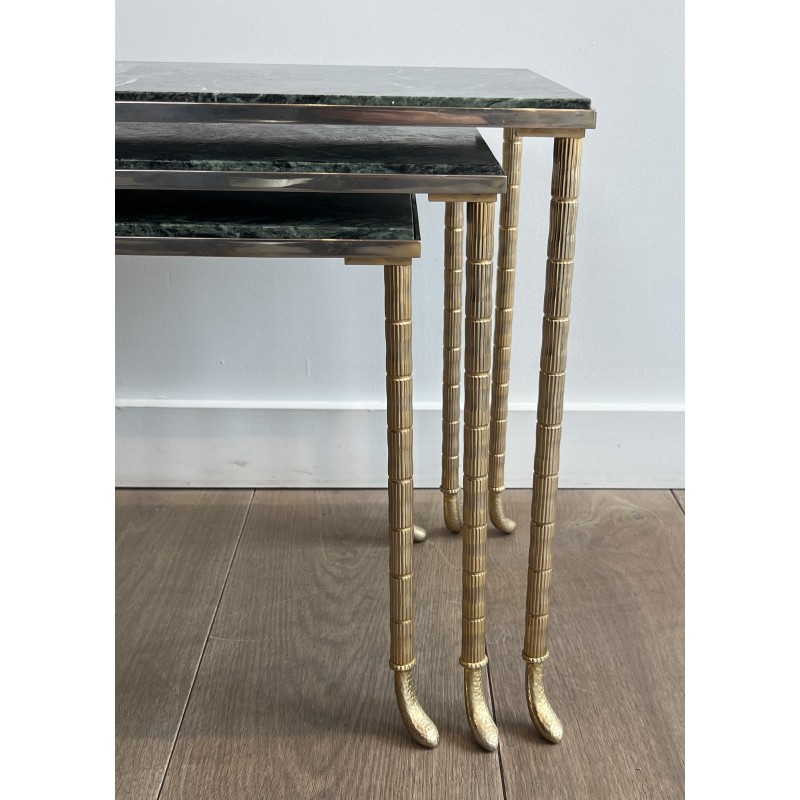 Set of 3 Nesting Tables in Nickel and Gold-Plated Metal with Green Alpine Marble Tops by Maison Jansen, circa 1940