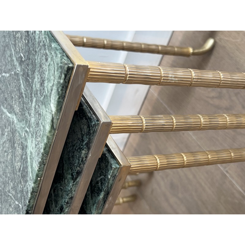 Set of 3 Nesting Tables in Nickel and Gold-Plated Metal with Green Alpine Marble Tops by Maison Jansen, circa 1940