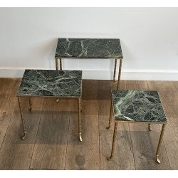 Set of 3 Nesting Tables in Nickel and Gold-Plated Metal with Green Alpine Marble Tops by Maison Jansen, circa 1940
