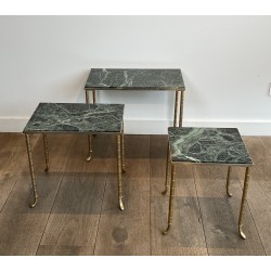Set of 3 Nesting Tables in Nickel and Gold-Plated Metal with Green Alpine Marble Tops by Maison Jansen, circa 1940