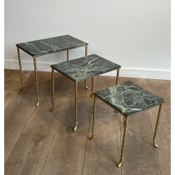 Set of 3 Nesting Tables in Nickel and Gold-Plated Metal with Green Alpine Marble Tops by Maison Jansen, circa 1940