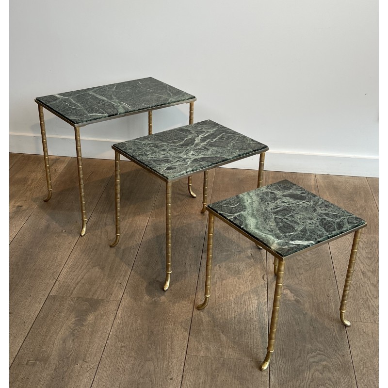 Set of 3 Nesting Tables in Nickel and Gold-Plated Metal with Green Alpine Marble Tops by Maison Jansen, circa 1940