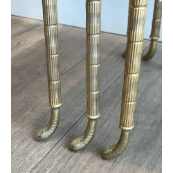 Suite de 3 Tables Gigognes en Métal Nickelé et Doré à Plateaux de Marbre Vert des Alpes, Maison Jansen, vers 1940
