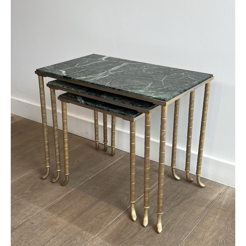 Set of 3 Nesting Tables in Nickel and Gold-Plated Metal with Green Alpine Marble Tops by Maison Jansen, circa 1940