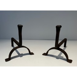 Paire de Chenets en Fonte et Fer Forgé, Travail Français, vers 1970