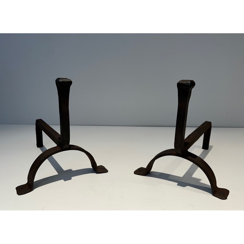 Pair of Cast Iron and Wrought Iron Andirons, French Work, circa 1970
