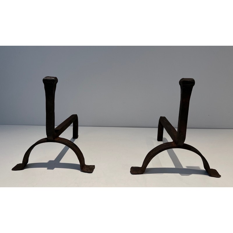 Pair of Cast Iron and Wrought Iron Andirons, French Work, circa 1970