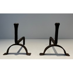 Pair of Cast Iron and Wrought Iron Andirons, French Work, circa 1970
