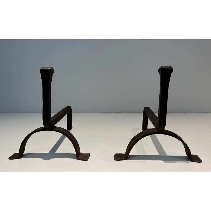 Pair of Cast Iron and Wrought Iron Andirons, French Work, circa 1970