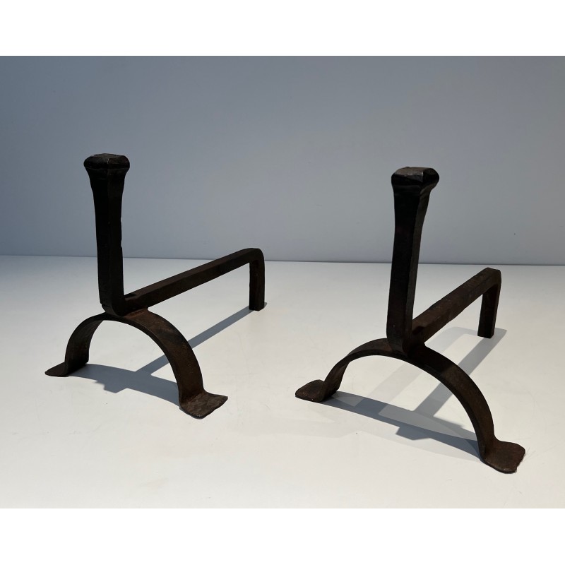 Pair of Cast Iron and Wrought Iron Andirons, French Work, circa 1970
