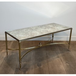 Table Basse Néoclassique en Laiton et Miroir Églomisé, Maison Jansen, Travail Français, vers 1940