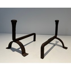 Pair of Cast Iron and Wrought Iron Andirons, French Work, circa 1970