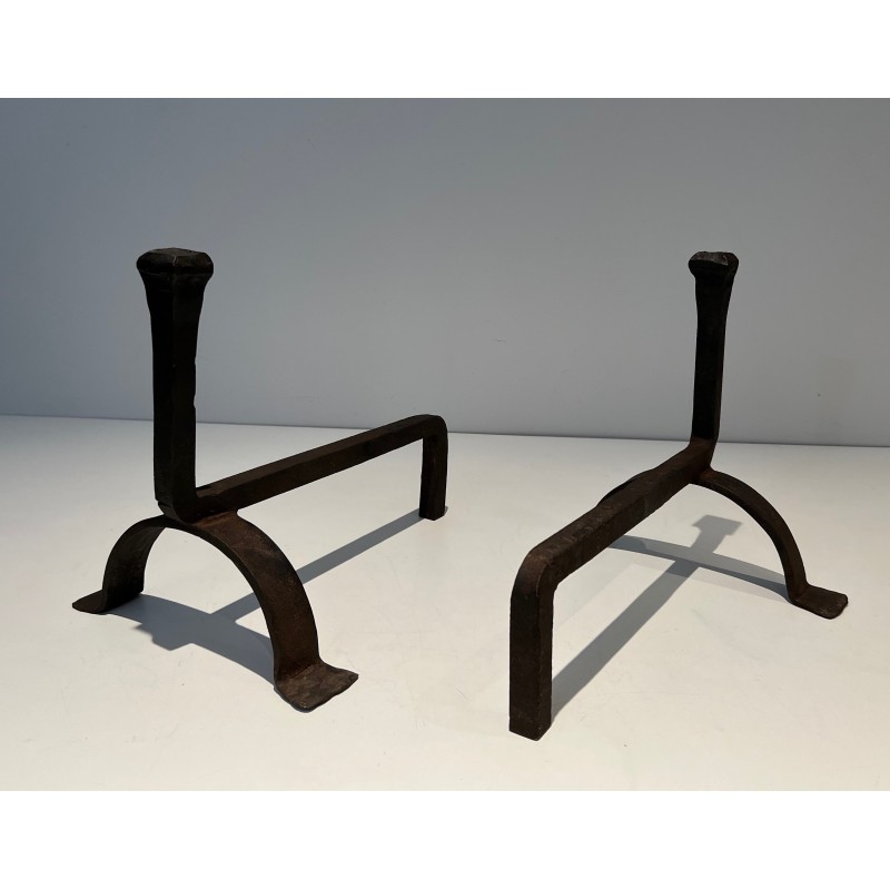 Pair of Cast Iron and Wrought Iron Andirons, French Work, circa 1970