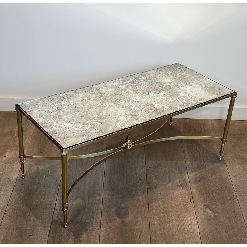 Table Basse Néoclassique en Laiton et Miroir Églomisé, Maison Jansen, Travail Français, vers 1940