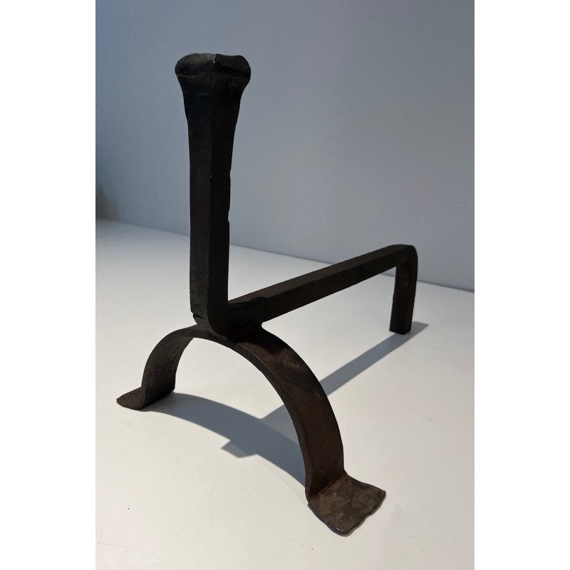 Pair of Cast Iron and Wrought Iron Andirons, French Work, circa 1970