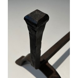Paire de Chenets en Fonte et Fer Forgé, Travail Français, vers 1970