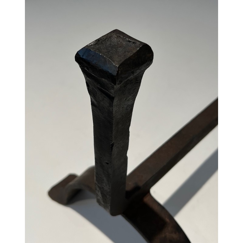 Pair of Cast Iron and Wrought Iron Andirons, French Work, circa 1970