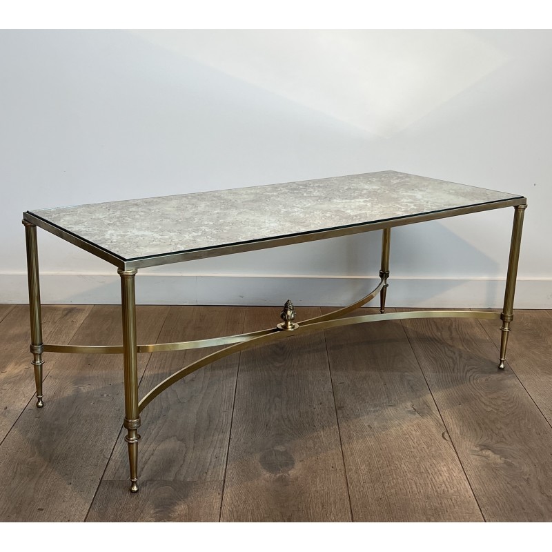 Neoclassical Brass Coffee Table with Églomisé Mirror Top by Maison Jansen, French Work, circa 1940