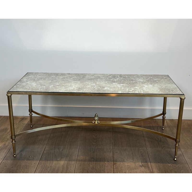 Table Basse Néoclassique en Laiton et Miroir Églomisé, Maison Jansen, Travail Français, vers 1940